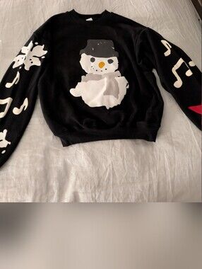 SKIMS RARE Black Crewneck Sweater with White Snowman Graphic and Red Star NWOT